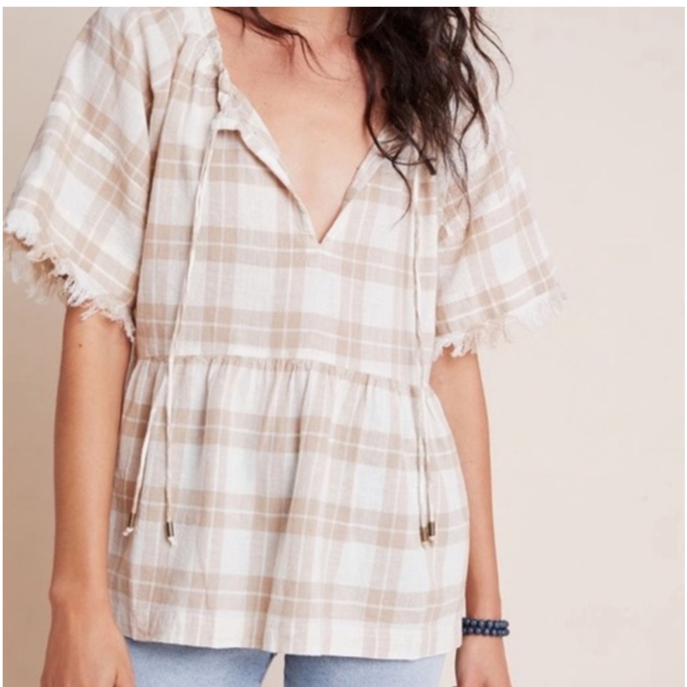 Anthropologie Plaid Blouse in Beige and White